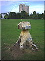 Sculpted tree trunk in Brockwell Park, Herne Hill. in SE24 0JN