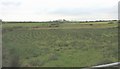 View across marshland and railway line towards Cilgwyn Farm in Llannerch-y-Medd Community