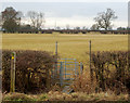 Kissing gate, sign and plank bridge, near Napton in CV47 8NQ
