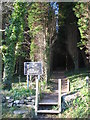 Entrance from the road to a permissive path through the forest in LL67 0DH
