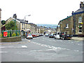 Junction of Station Road and Railway Street, Hadfield in SK13 1DU