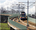 Sheffield Supertram descending the viaduct from Park Grange Croft in Sheffield