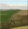 Dry stream bed and fencing on the north side of the valley of Nant yr Hwyaid in SA13 3HE