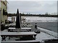 Snow covered tables outside The Burnbrae in G62 6DD