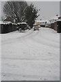 Looking from Catherington Way into a snowy Kingsworthy Road in PO9 4RB