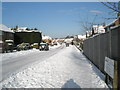 Looking along a snowy Newbarn Road in PO9 1LT
