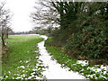 Snow covered footpath heading NE from Marshborough in CT13 0PJ