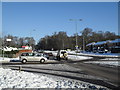 Junction of Middle Park Way and a snowy Petersfield Road in PO9 5PH