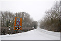 Looking south along Gibraltar Lane in the snow in CV23 8HN