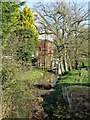 Evegate Mill and mill stream through the trees in TN25 6SY