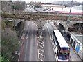 Inglis Green Road passing under the 1847 railway viaduct in EH14 2JZ