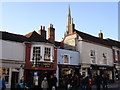 Chichester - west side of South Street with cathedral spire in the background in PO19 8AF