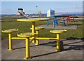 Colourful seats at Largs playpark in KA30 8NX