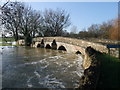 A swollen River Welland passing beneath the old bridge in Duddington in PE9 3QF