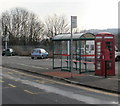 Postbox, phone box and bus stop alongside car park, Herbert Avenue, Pontymister in NP10 9JX