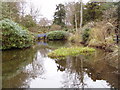 Ornamental lake and bridge in Johnston Gardens in AB15 7UT