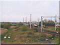 Vehicle track alongside the main line in Burtonwood & Winwick Ward