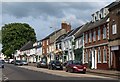 Buildings along Honiton High Street in EX14 2DU
