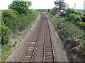 Holyhead railway, looking east on Lon Myfyrian south of Gaerwen in LL60 6LP