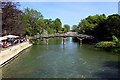 The wooden footbridge to the island from the Trout Inn in OX2 8FL