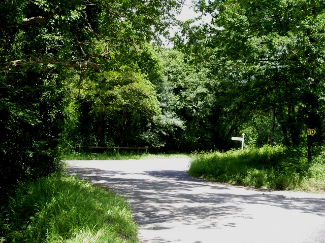 Road junction at western edge of  Bentley Woods in SP5 3SA