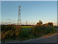 Gate to field, a bend in the road, and pylon scene beyond, near Whitson in NP18 2PG