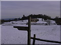 Signpost on the Hangers Way looking towards a frozen lake in GU34 3AT