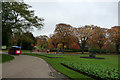 Flower beds and road train in Cannon Hill Park in B5 7QP