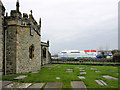 St Cybi's churchyard and Stena Explorer in LL65 2AG
