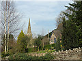 Church spire and village hall, Linton in HR9 7SD