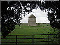 Sibthorpe dovecote seen between the churchyard yews in Sibthorpe