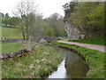 River Bradford with footbridge and crag almost overhanging in DE45 1WN