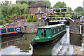 Narrow Boat leaving Lock, River Lee Navigation, Hoddesdon, Hertfordshire in EN9 2NH