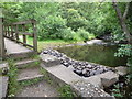 Footbridge, dam and pool on the Nant Clydach in CF37 3PG