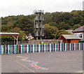 Fire tower and a colourful fence, Abercrave in SA9 1XD