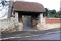 Thatched gate to the church and bus shelter in MK46 5AP