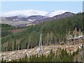 Old conventional pylons descend into the Pass of Killiecrankie in PH16 5LE