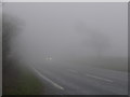 Raymonds Hill: the A35 crosses the border in fog in EX13 5TB