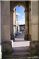 Looking through the pillars of the Market Hall in DE6 1GE