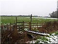 Footbridge, stile and fields in PE28 4JS