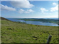 View across rough pasture to Whiteness Voe in Shetland Central Ward