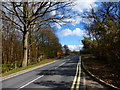 Looking along Kennels Lane to the roundabout with Ively Road in GU14 0RS