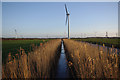 Drainage ditch and wind turbines, Heysham Moss in LA3 2EP