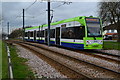 Tram approaching New Addington stop in CR0 0LA