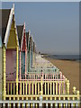 Beach huts viewed at West Mersea in CO5 8BG