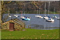 Boathouse and boats near Coniston Hall in LA21 8HB