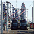 Two trams at the Pleasure Beach, Blackpool in FY4 1HQ