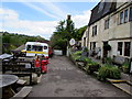 Picnic tables outside the Cross Guns, Avoncliff in BA15 2LP