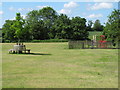 Seat and play area, community field, Little Yeldham in Little Yeldham