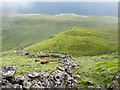 Ruined dry stone wall descending towards Trough Head in Patterdale